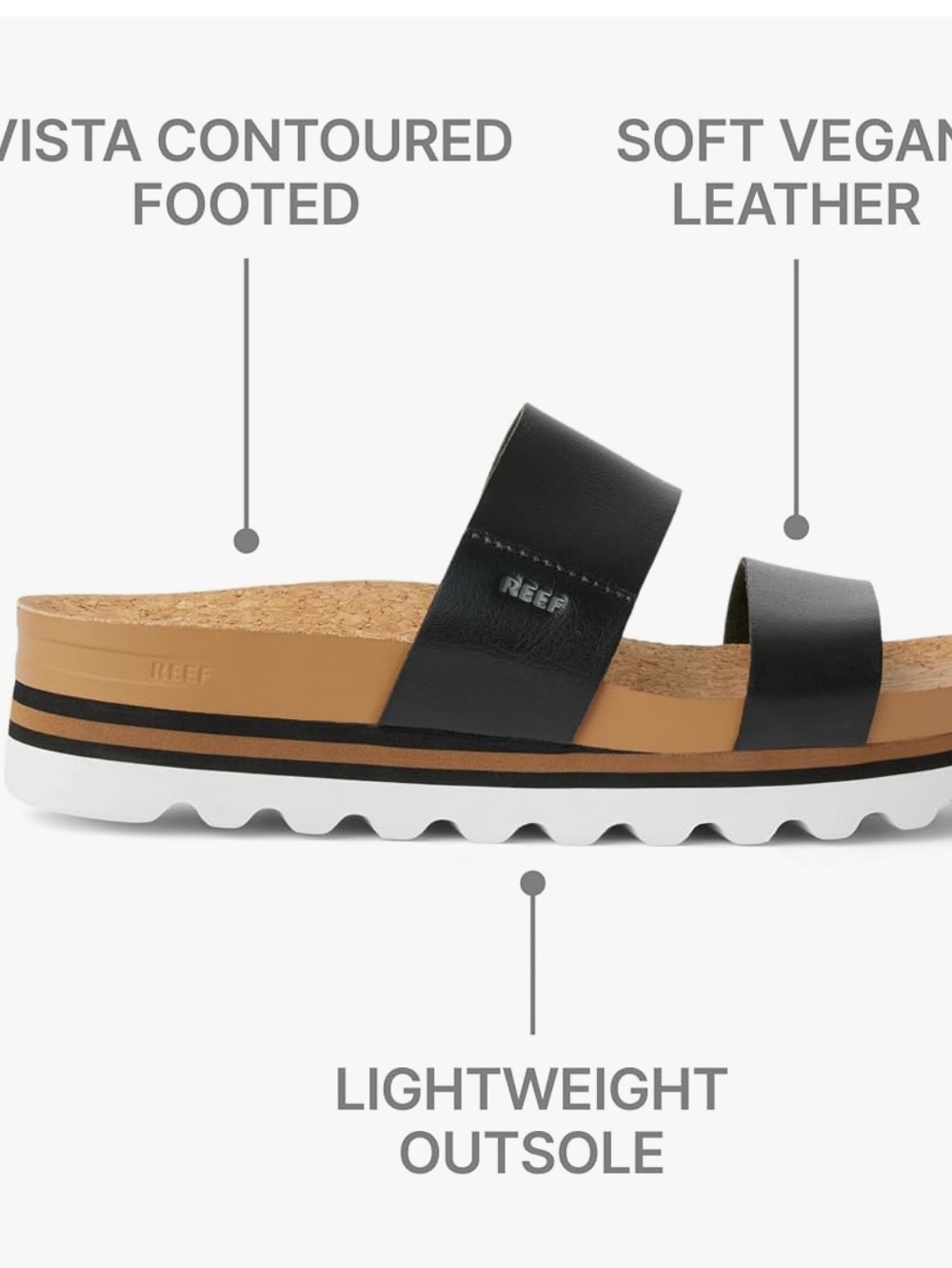 Reef Women’s Black Dual-Strap Cork Slide Sandals with White Outsole,cushion soul - Picture 10 of 11